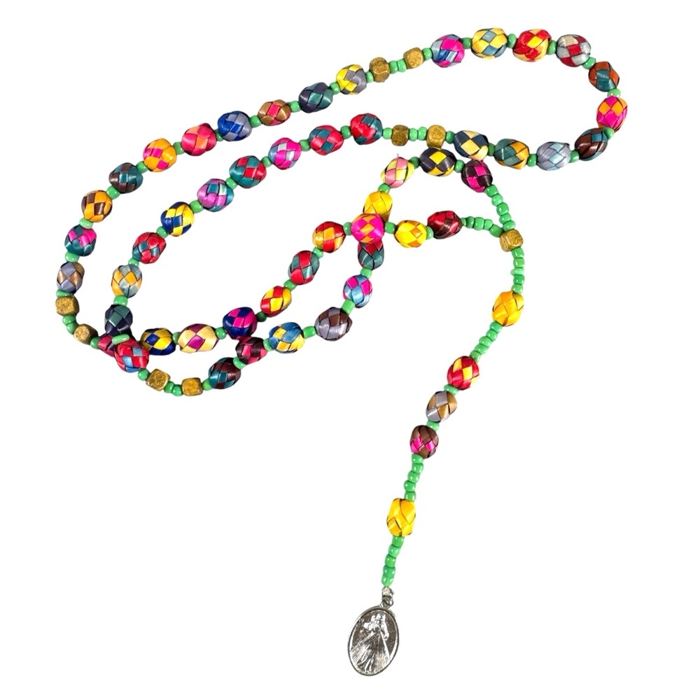 Handcrafted Talavera Rosary – Painted Beads in Dried Plantain Leaves, Artisanal